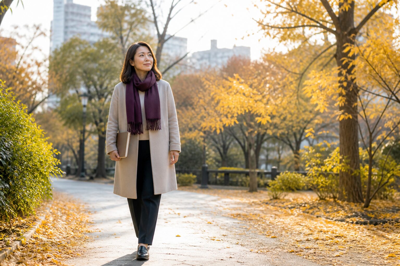 晩秋の公園で自分の次の一歩を考える女性