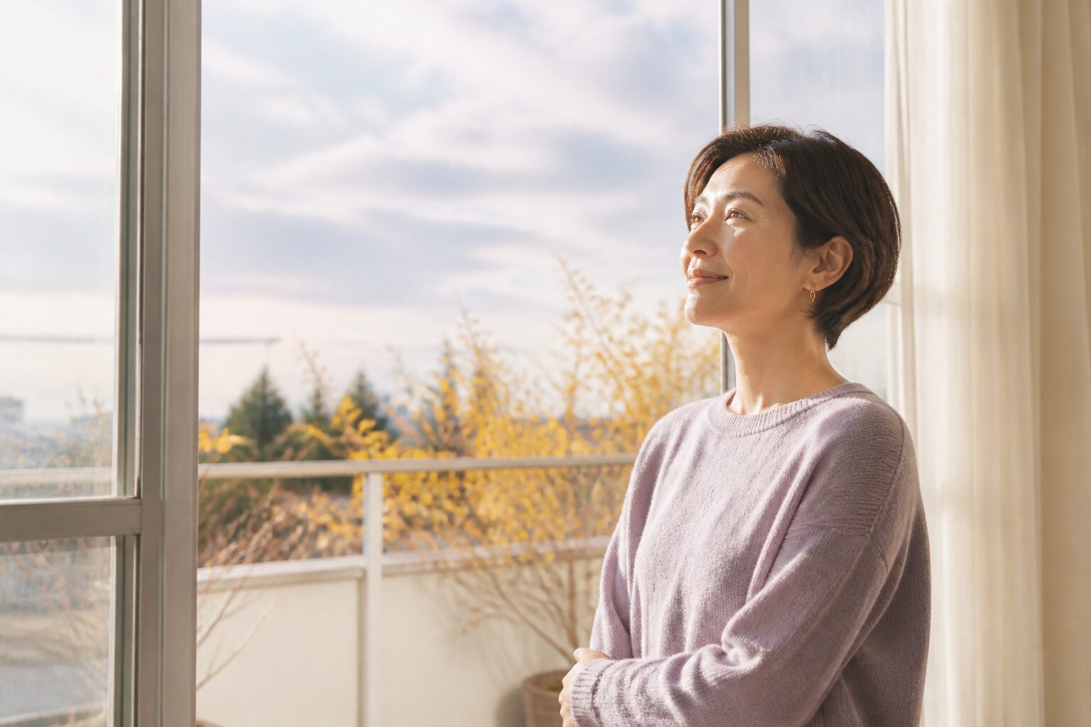 晩秋の朝日に包まれ穏やかに前を向く女性