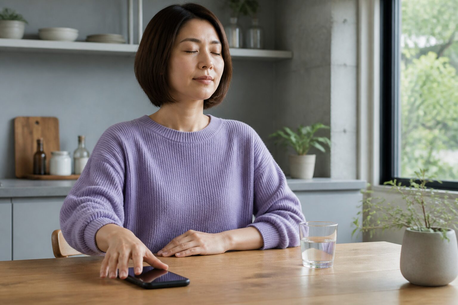 スマートフォンを伏せて呼吸を整える女性