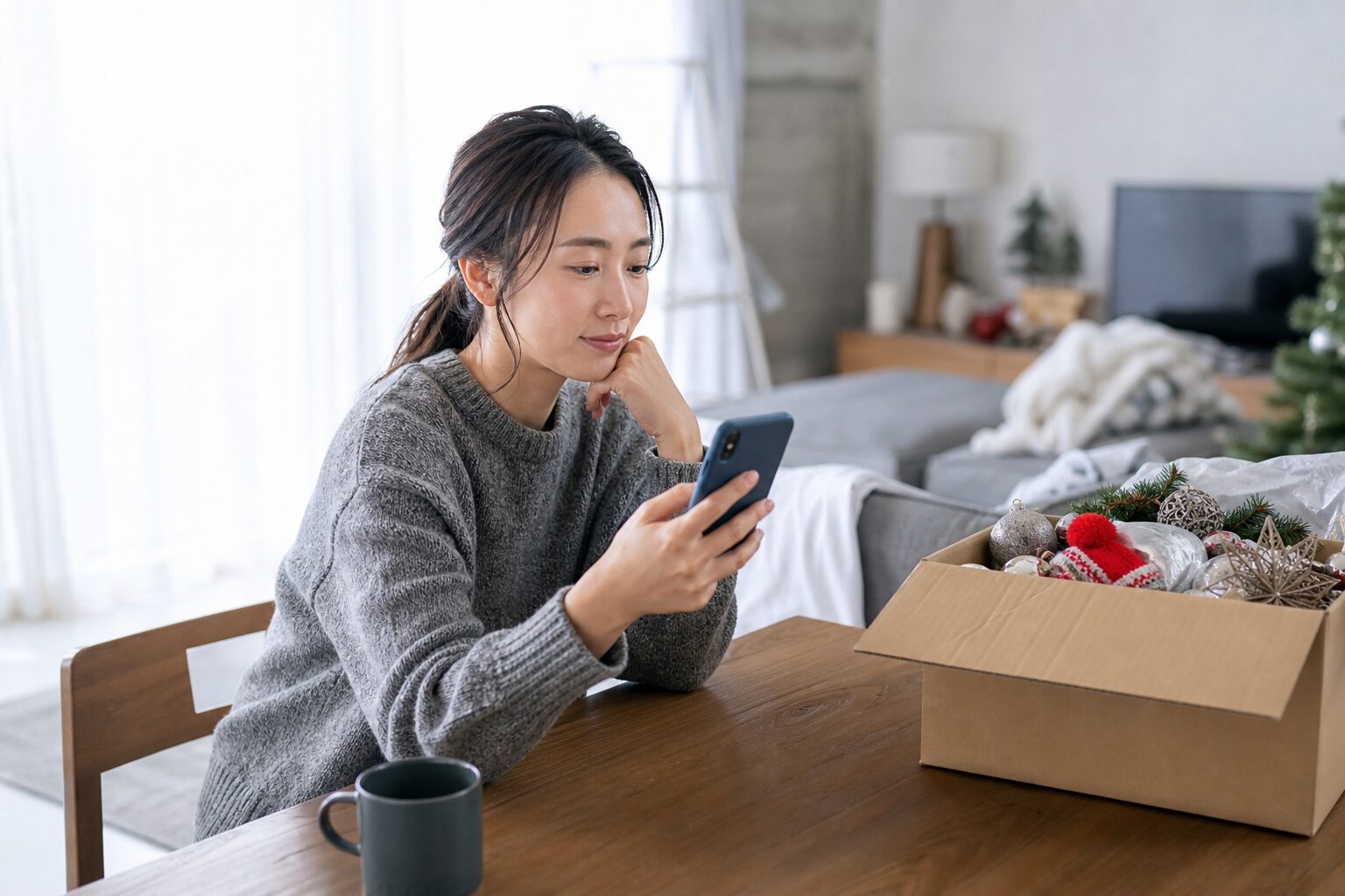 クリスマス後に元彼から届いた連絡を見る女性