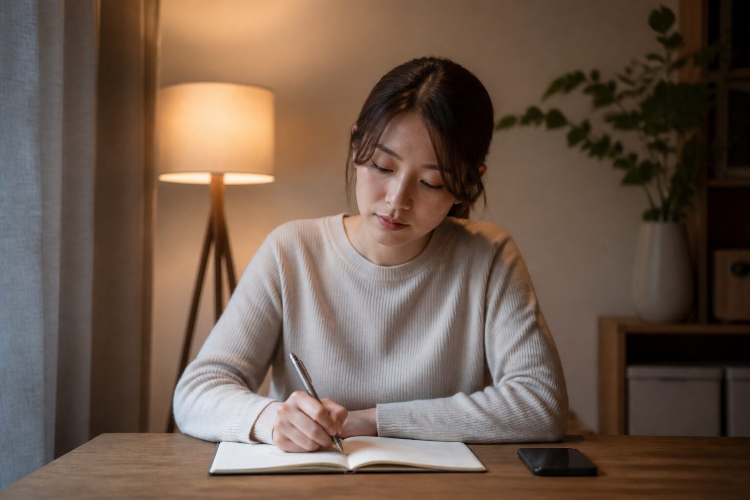 夜の部屋で結婚への不安をノートに整理する35歳女性