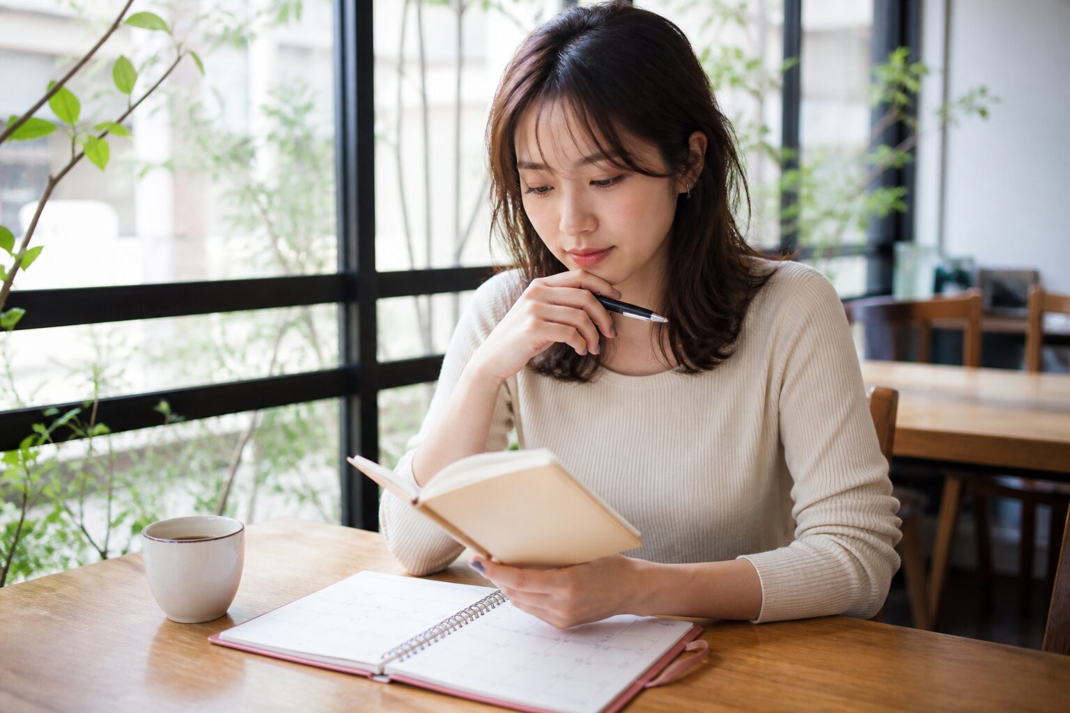 休日のカフェで婚活の活動記録を見直す女性