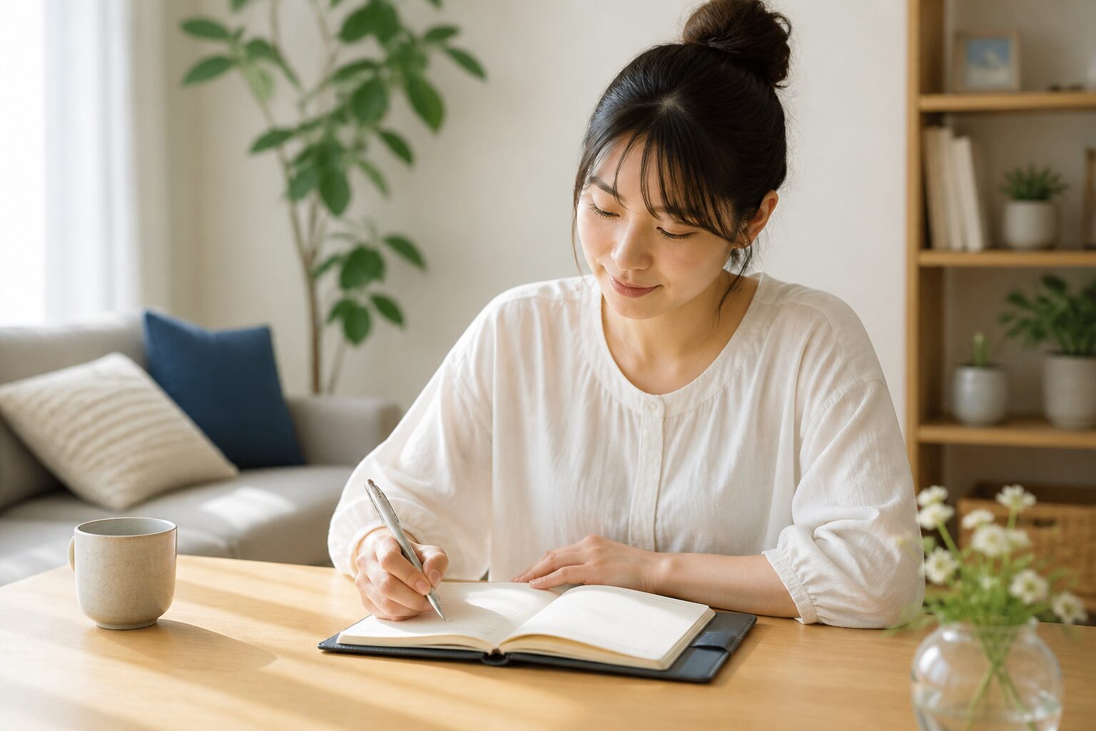 朝の光の中で予定表に小さな一歩を書く女性