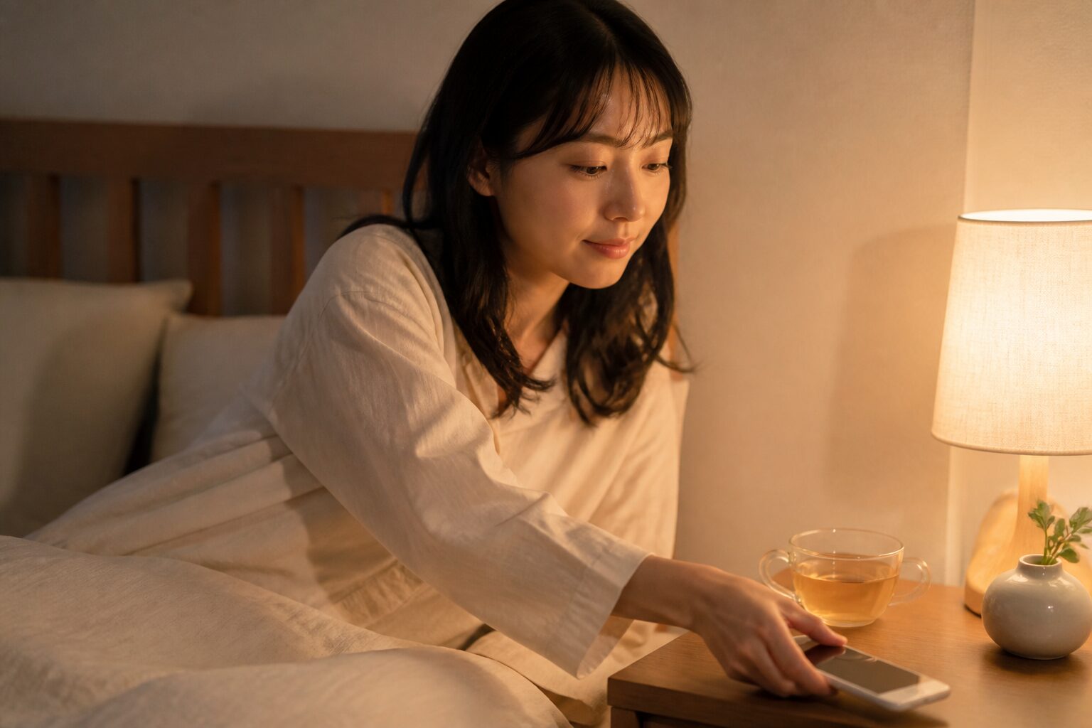 眠る前にスマートフォンを置き温かい飲み物で休む女性
