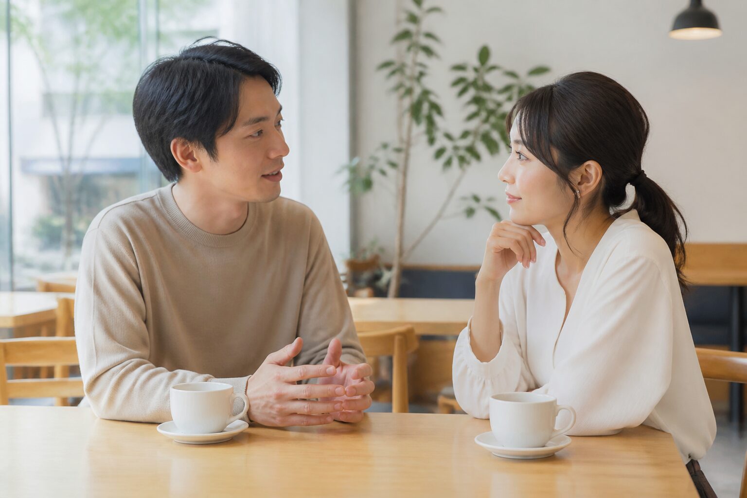 穏やかなカフェで彼氏と将来の方向を話す30代女性