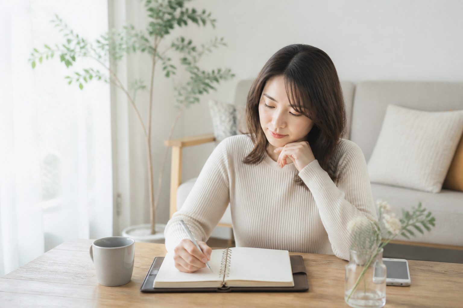 彼氏へ話す前に結婚への希望をノートへ書く30代女性