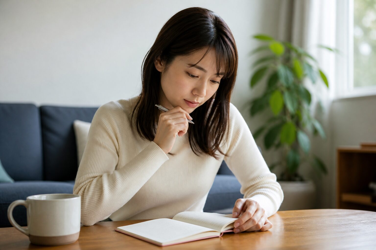 話し合い後に彼氏の返答と行動を落ち着いて振り返る女性