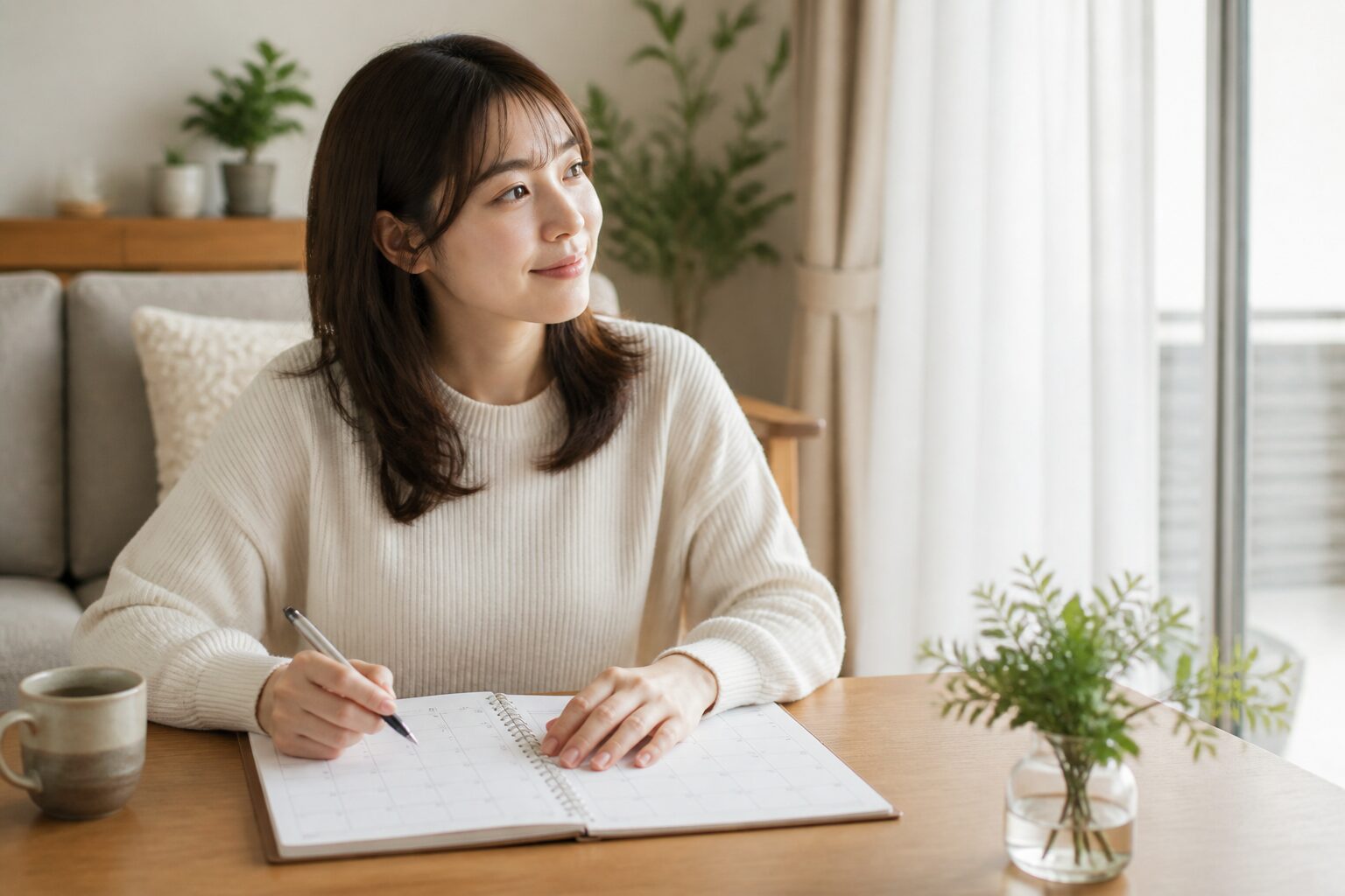 将来について話した後に自分の予定表を見直す30代女性