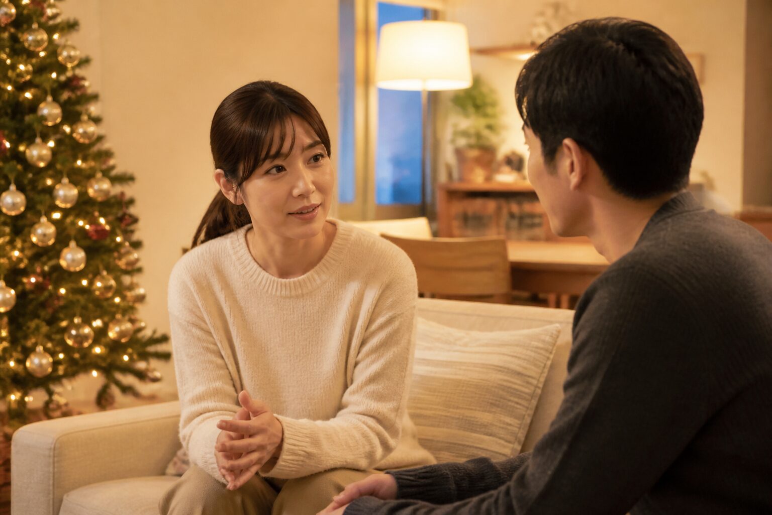 クリスマス前の落ち着いた夜に彼氏と将来を話す女性