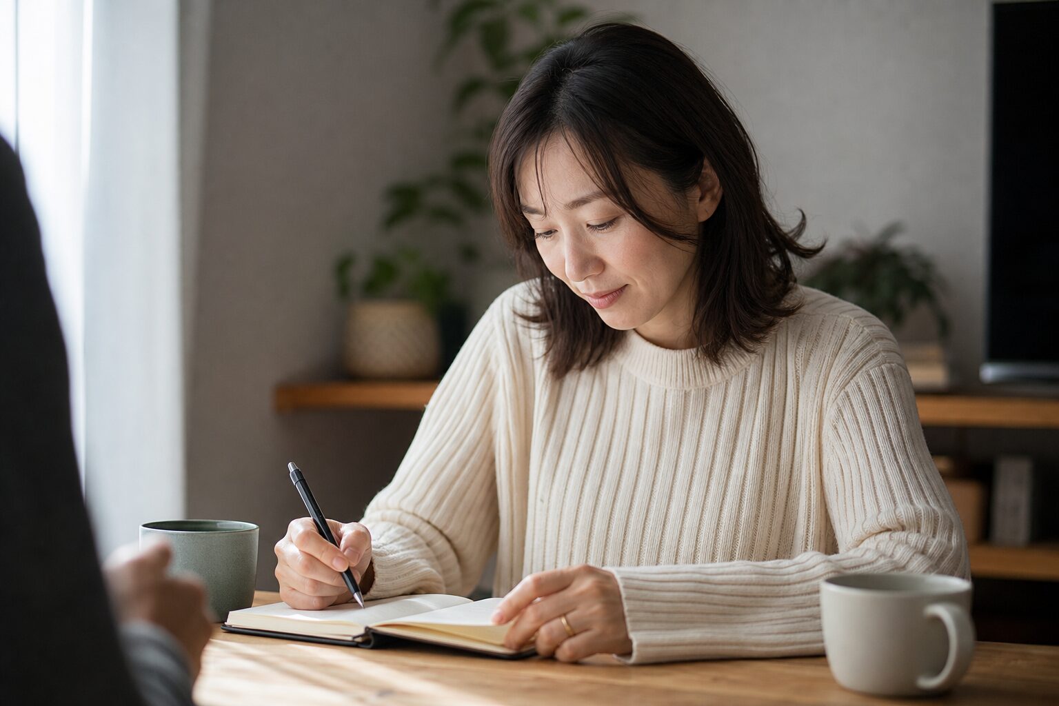 彼との生活や結婚の具体的な計画をノートで確認する女性