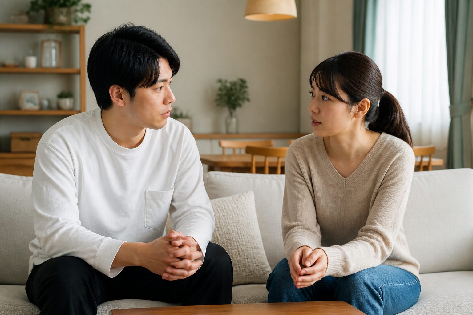 落ち着いたリビングで彼氏へ将来の質問をする女性