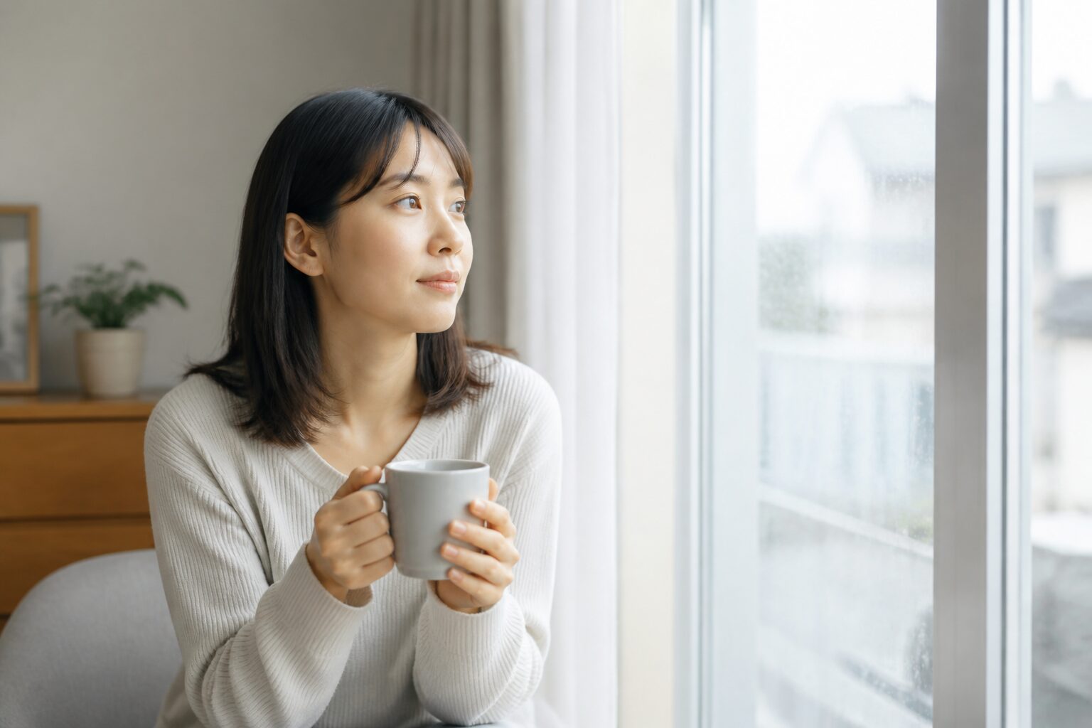 朝の窓辺で自分の将来の選択を考える女性
