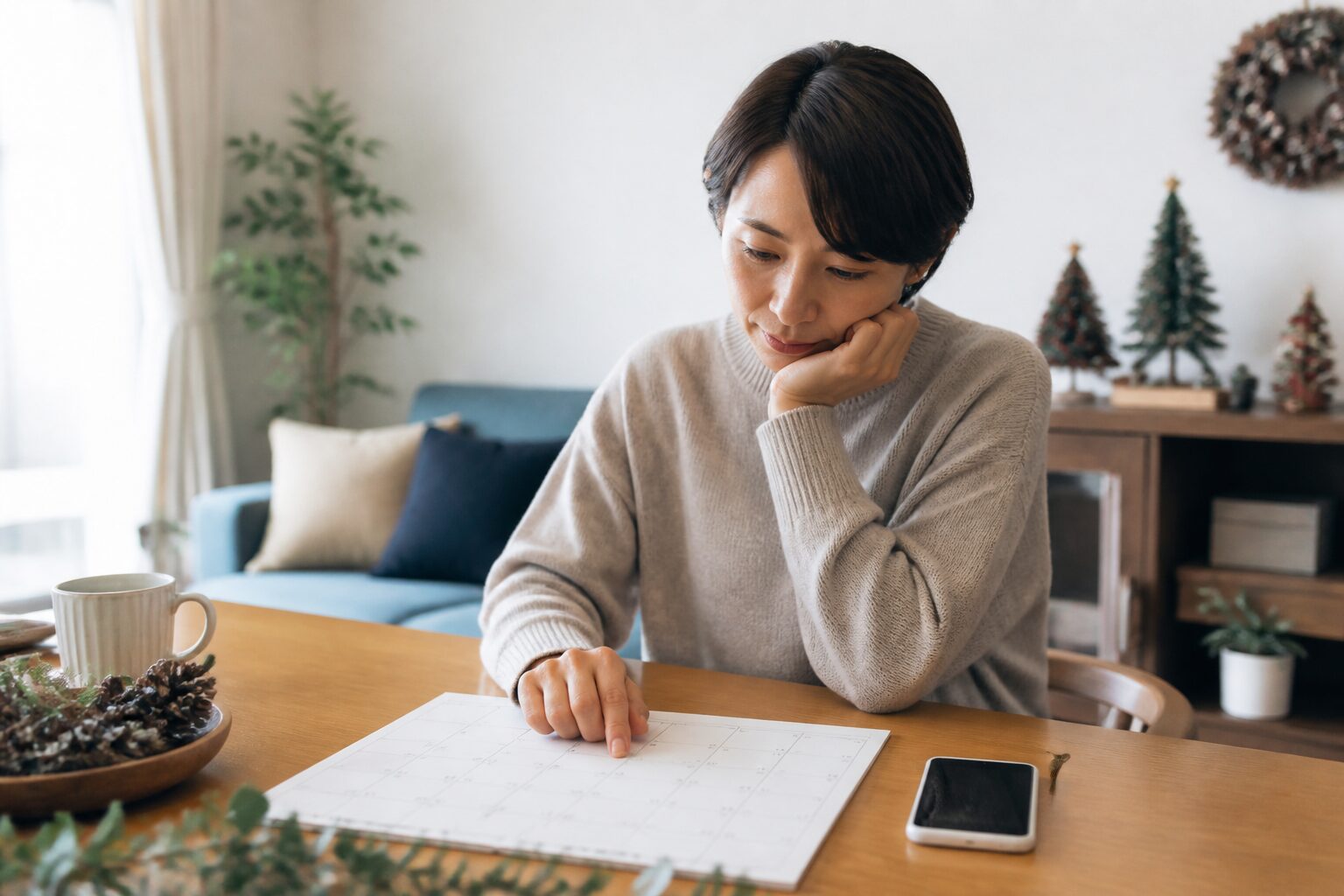クリスマスイブの予定と婚活相手からの連絡を確認する女性