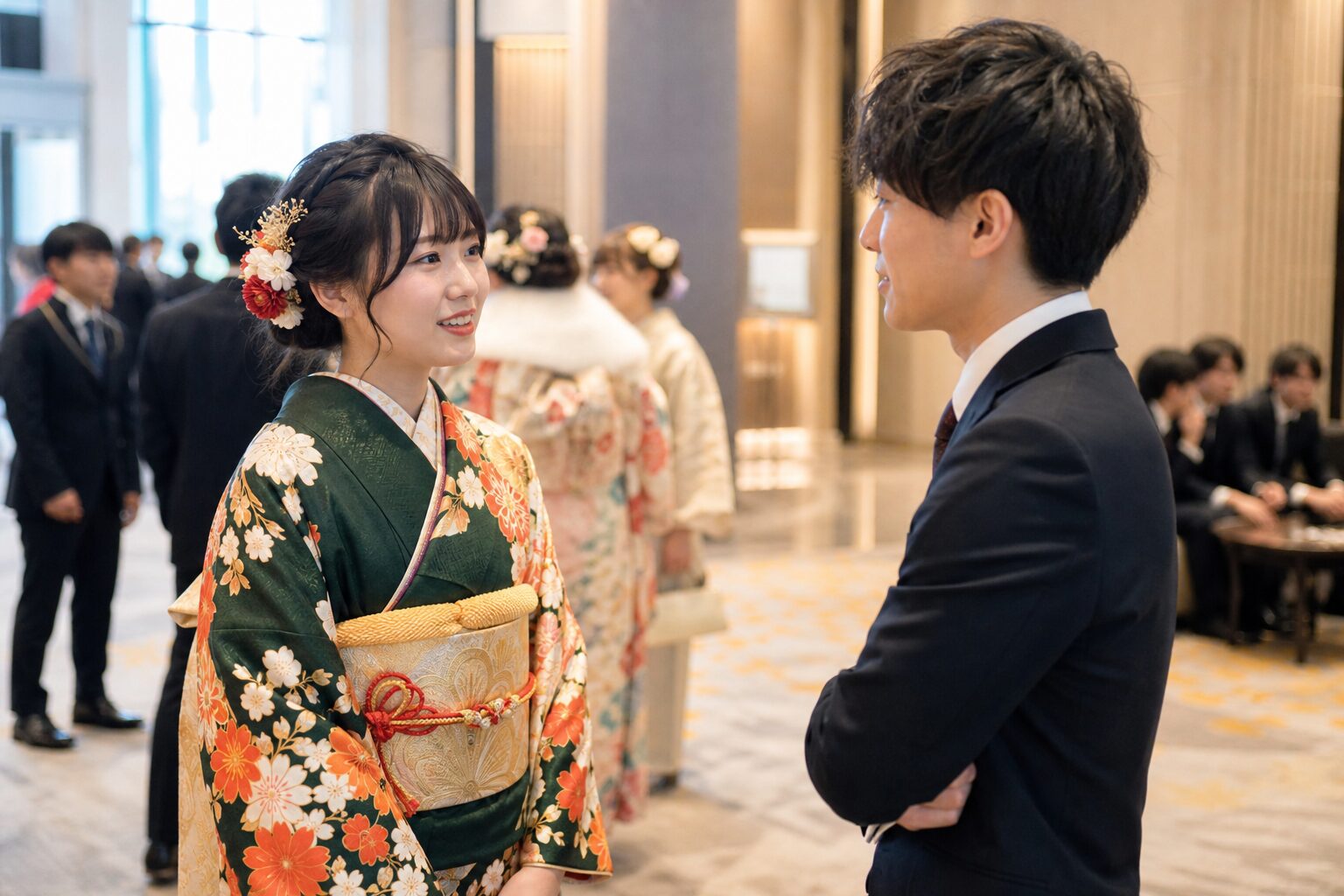 成人式後の会場で元彼と短く近況を話す女性