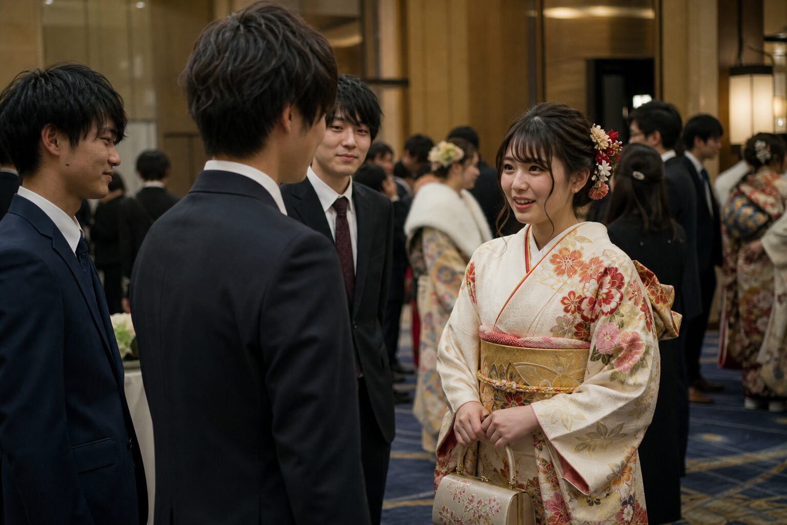 同級生の中で元彼へ穏やかに挨拶する女性