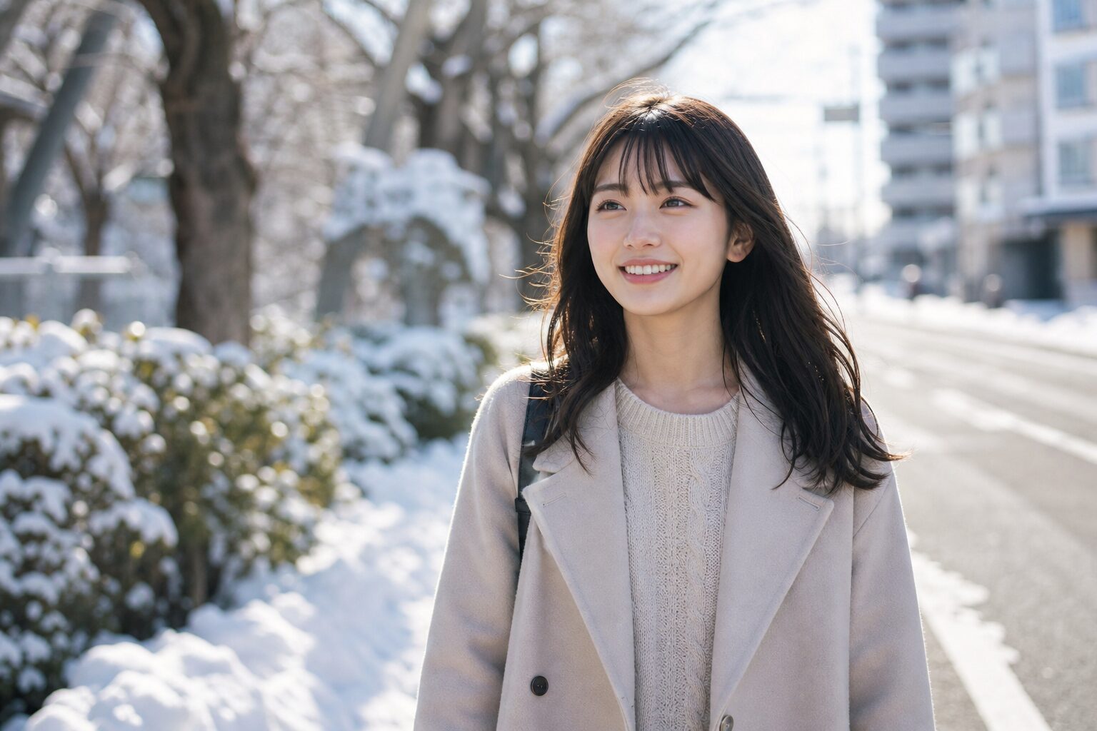 成人式後の冬の街を落ち着いて歩く女性