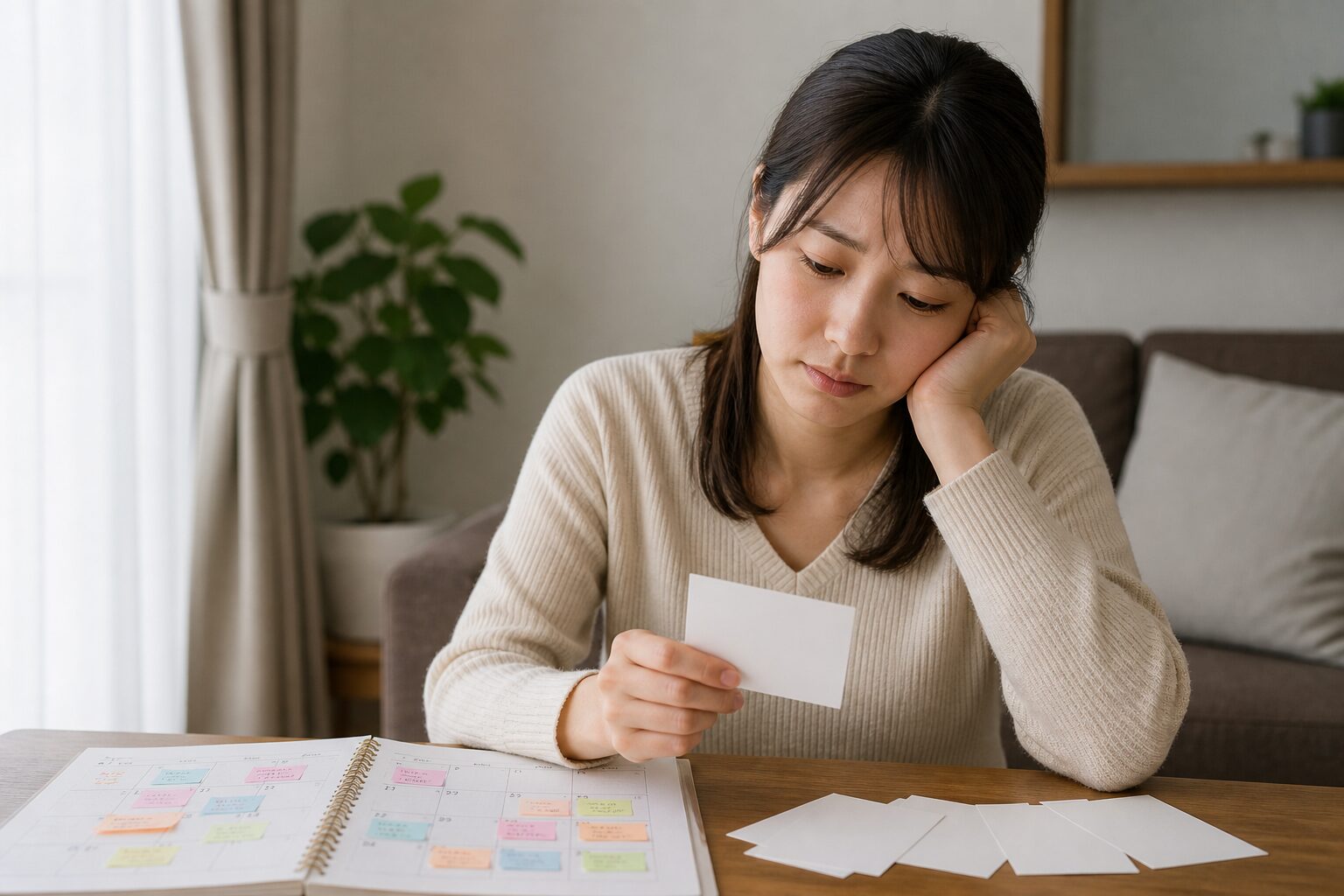 婚活の予定表を見ながら疲れと気持ちを整理する女性