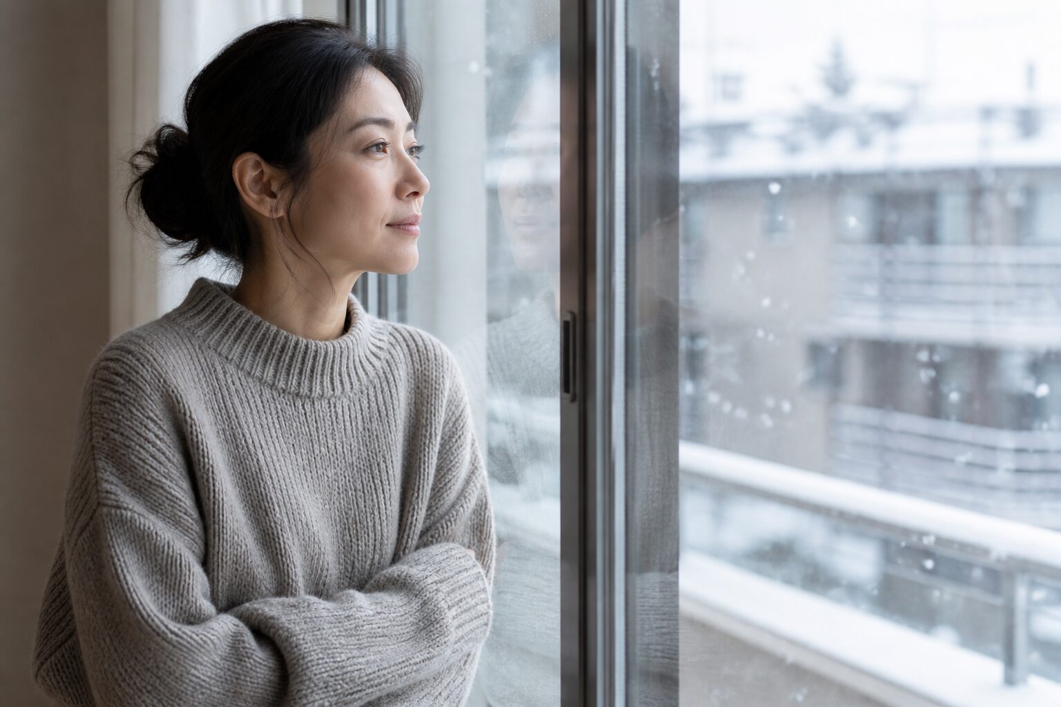 初雪を見ながら元彼との思い出を振り返る女性