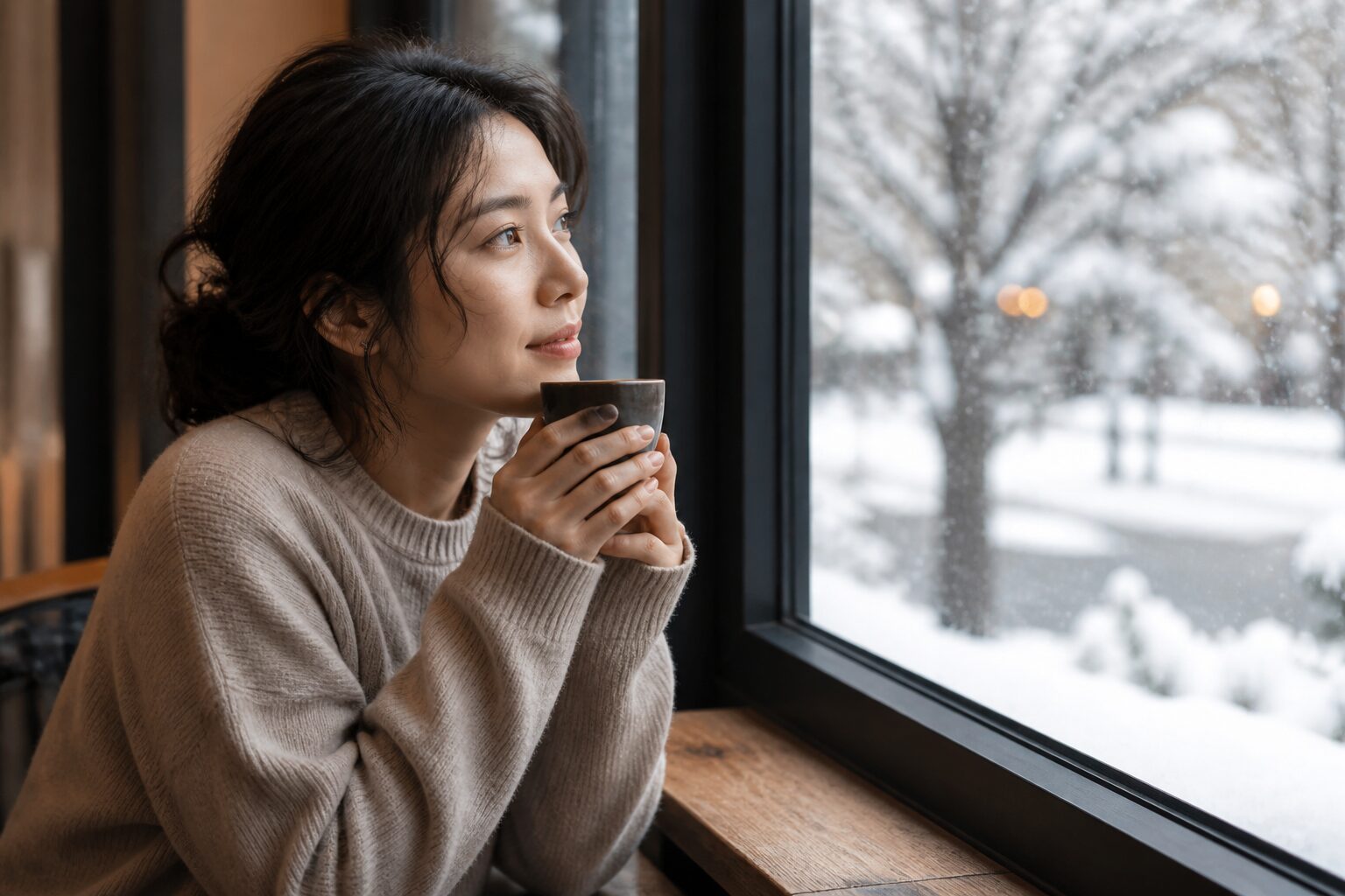 初雪を窓辺で見ながら元彼との記憶に気づく女性
