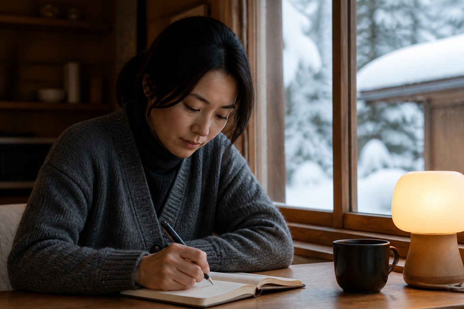 雪の降る静かな窓辺で自分の本心をノートに書く女性