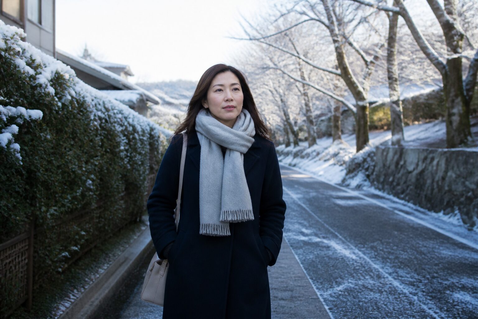 初雪の朝に過去と未来を落ち着いて見つめる女性