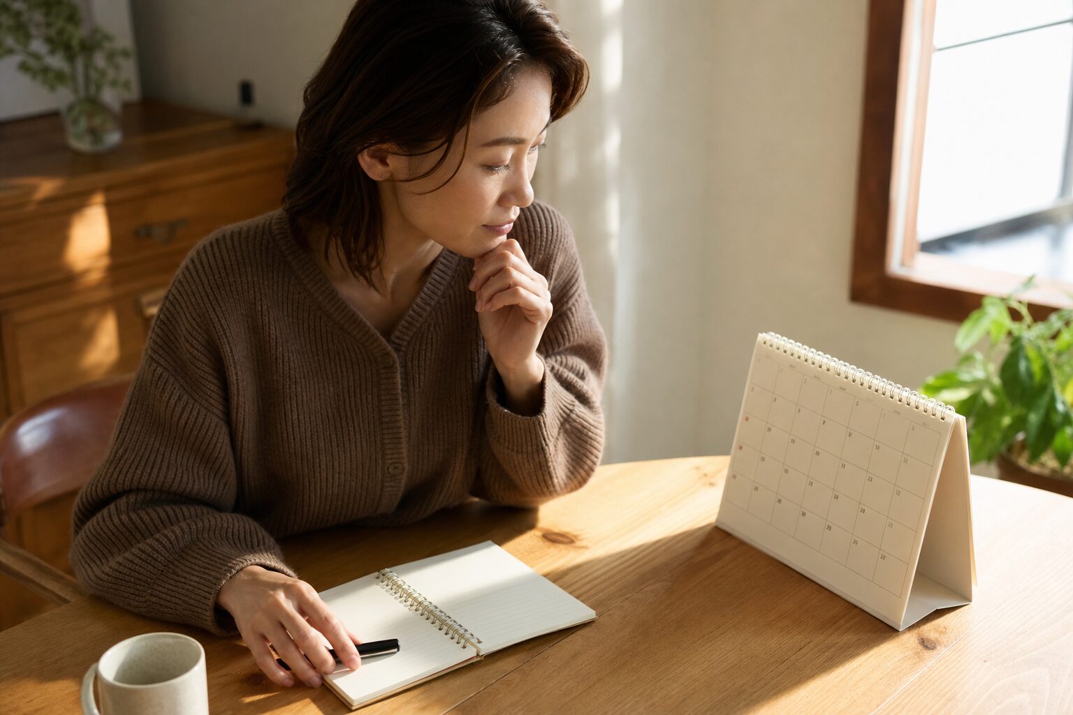 カレンダーを見ながら彼の言葉と行動を整理する女性