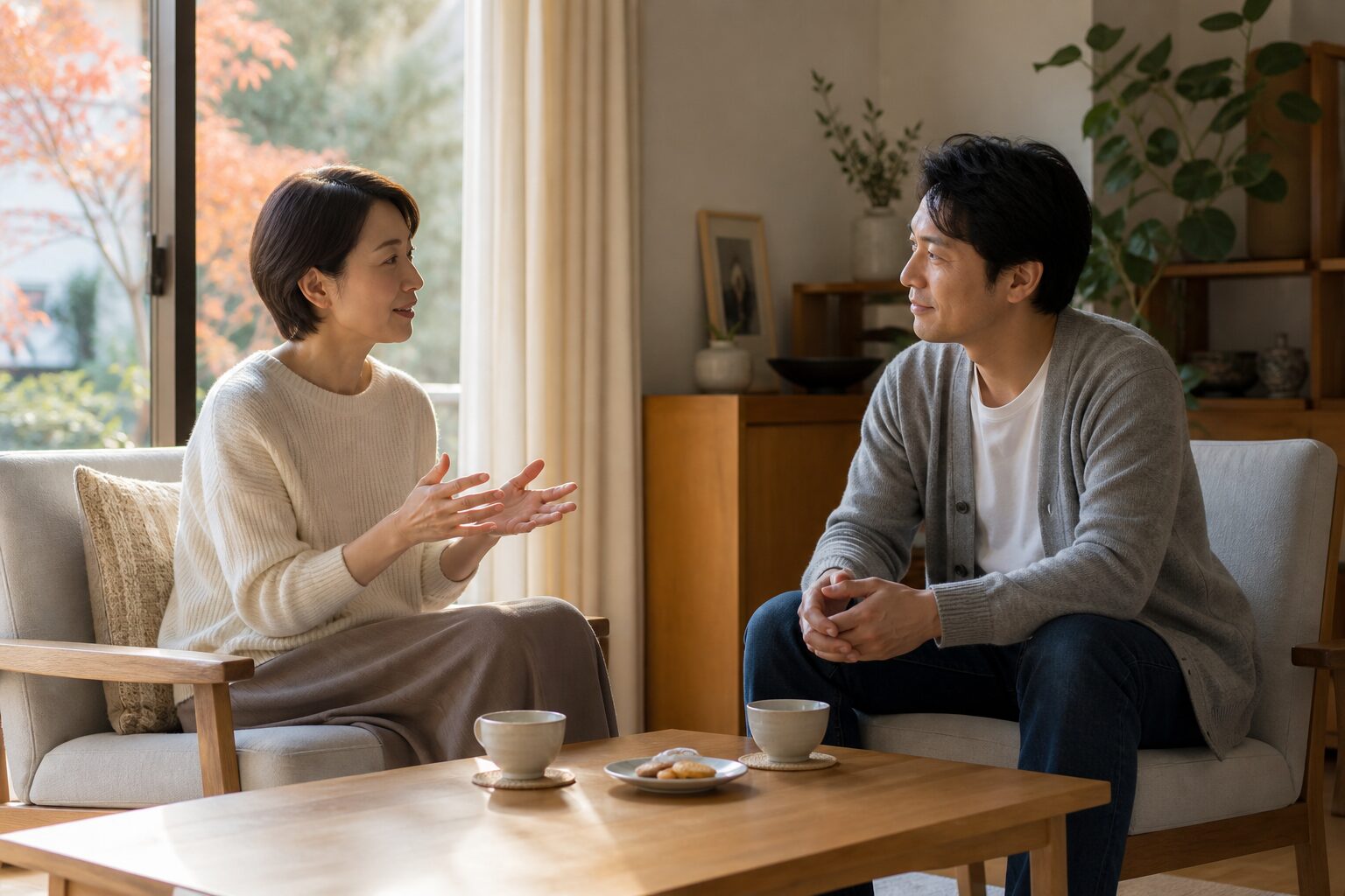 落ち着いた室内で彼と将来について話す女性