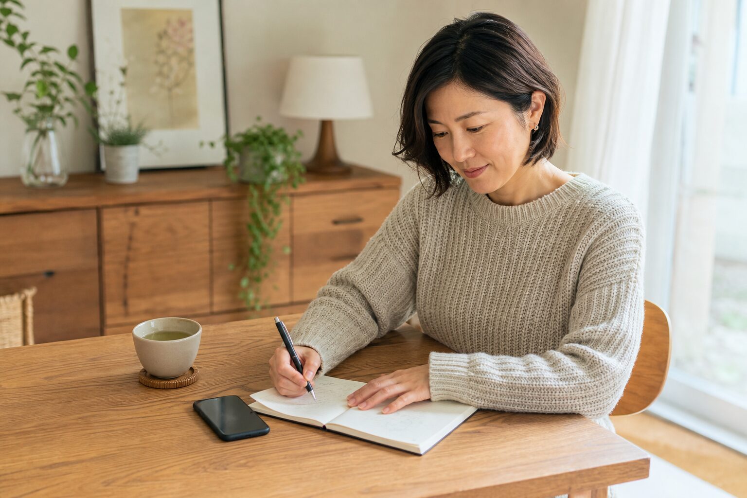 彼との会話の前にノートで希望を整理する女性