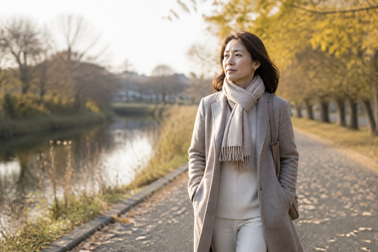 晩秋の朝に自分の希望を大切にして前を向く女性