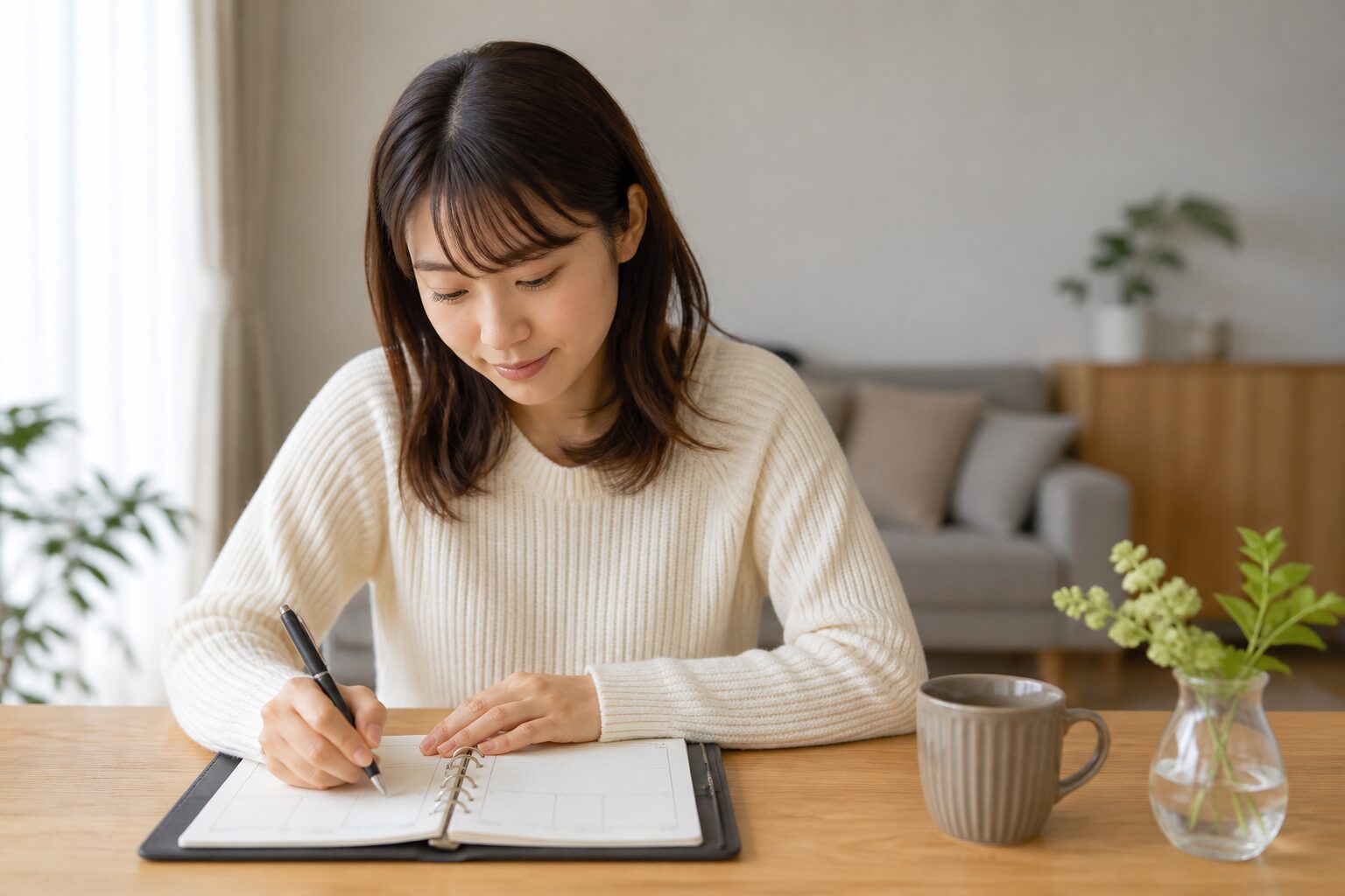 手帳に結婚の話し合い期限と確認項目を書く女性