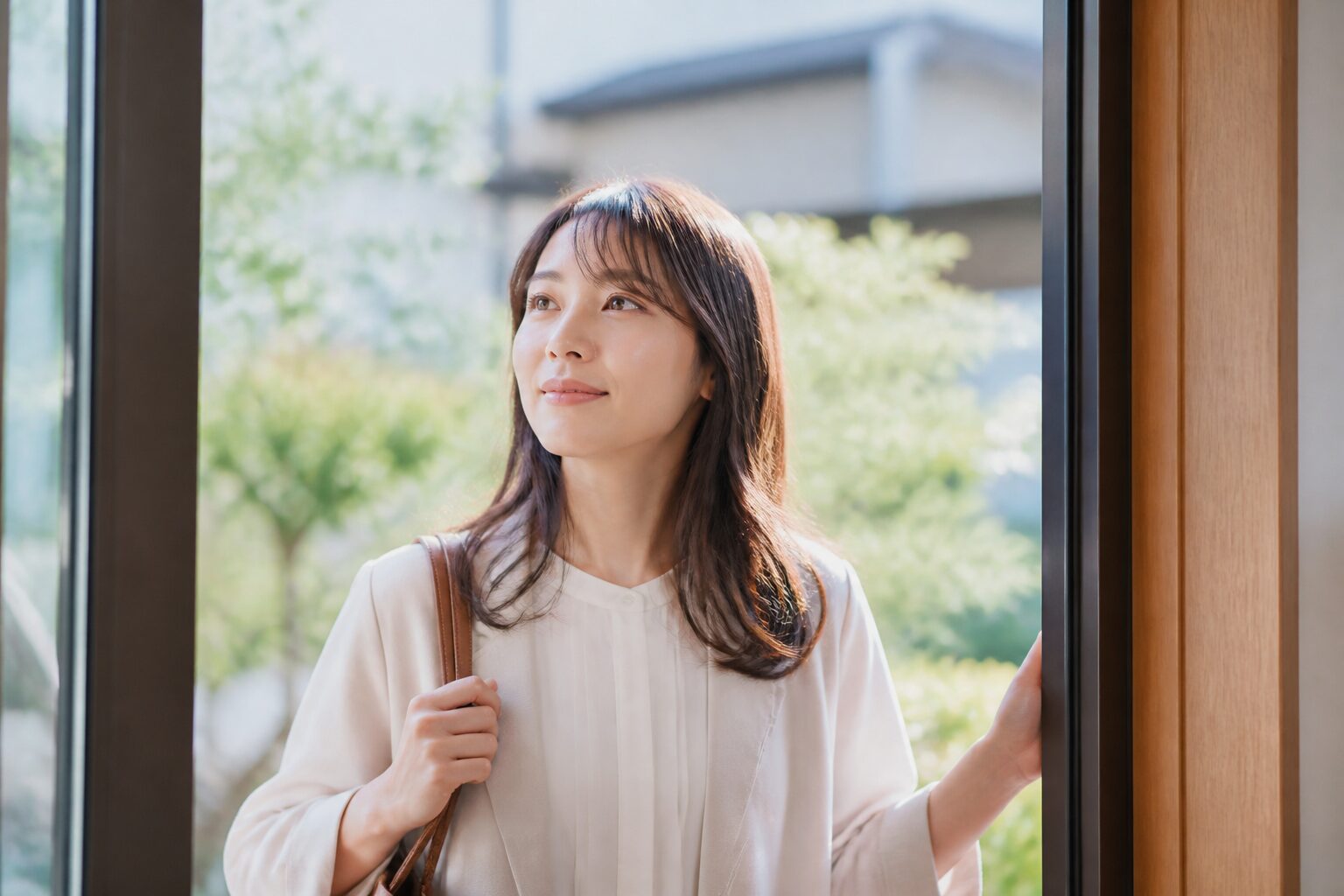 穏やかな朝に自分の将来へ向けて歩き出す女性