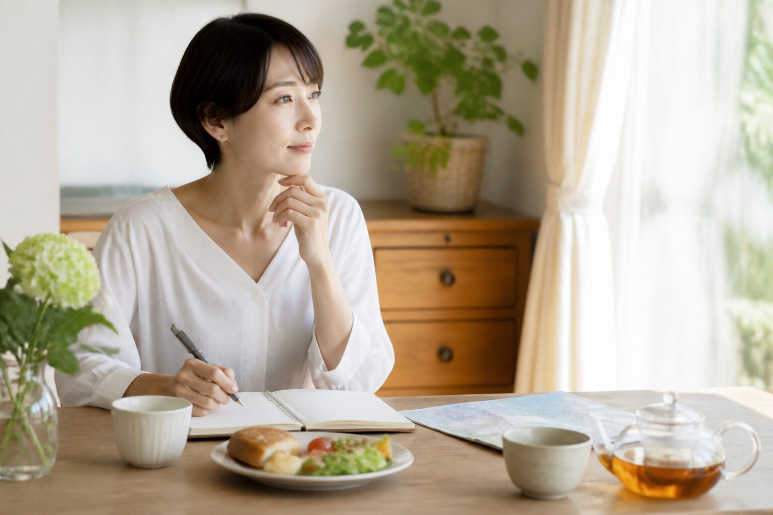 温かい飲み物とノートで休日の予定を整える30代女性