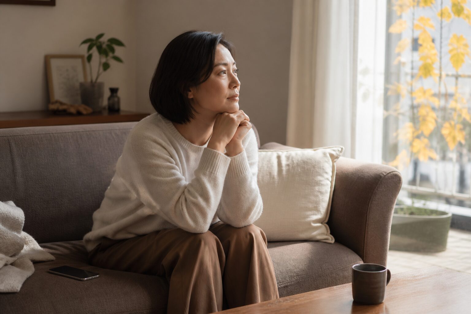 勤労感謝の日に一人暮らしの部屋で気持ちを見つめる30代女性