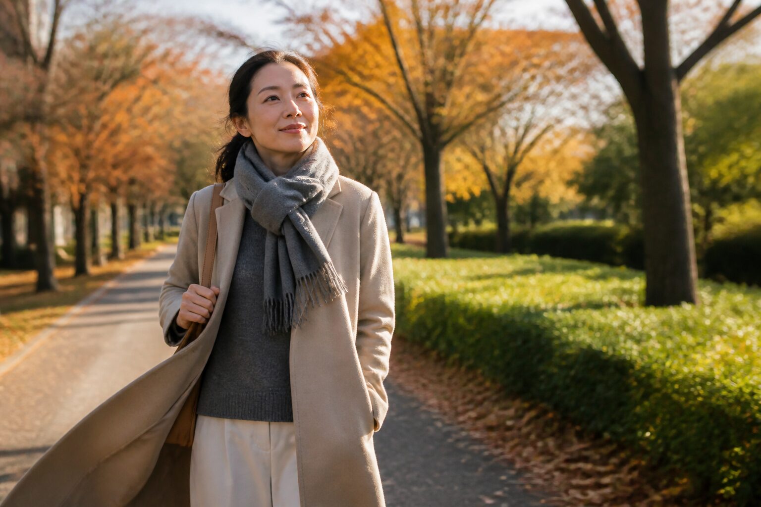 秋の光の中で自分を労い前向きに歩き出す30代女性