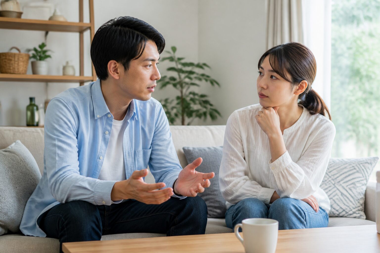 落ち着いた場所で結婚後の暮らしを話し合うカップル