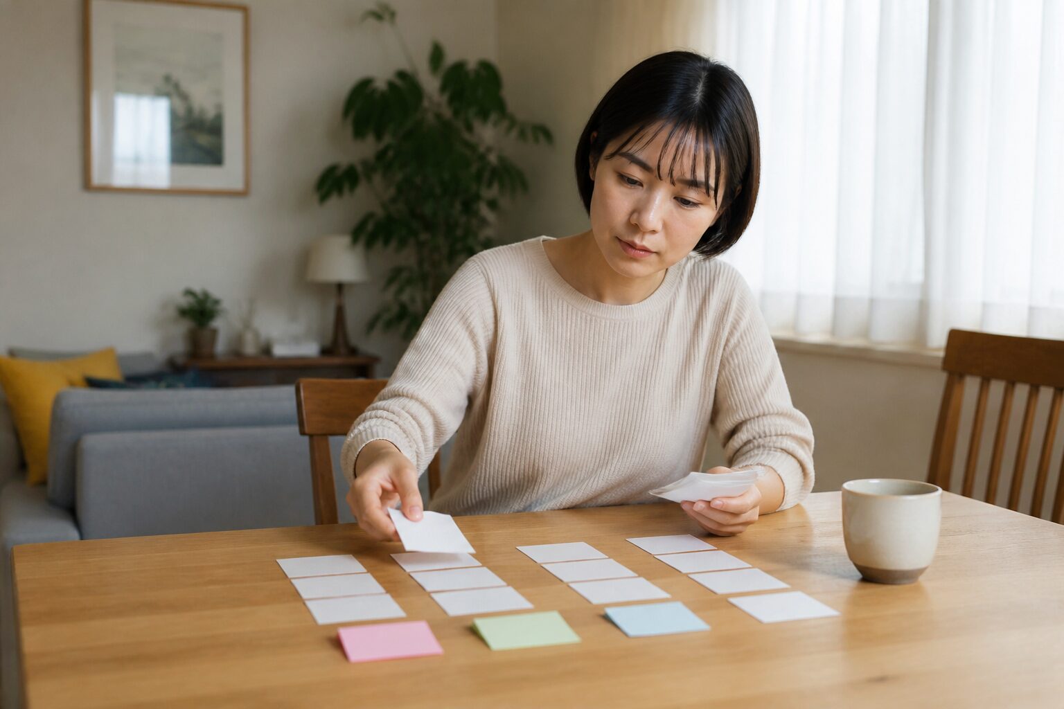 結婚相手への条件と違和感を紙に書き分ける女性