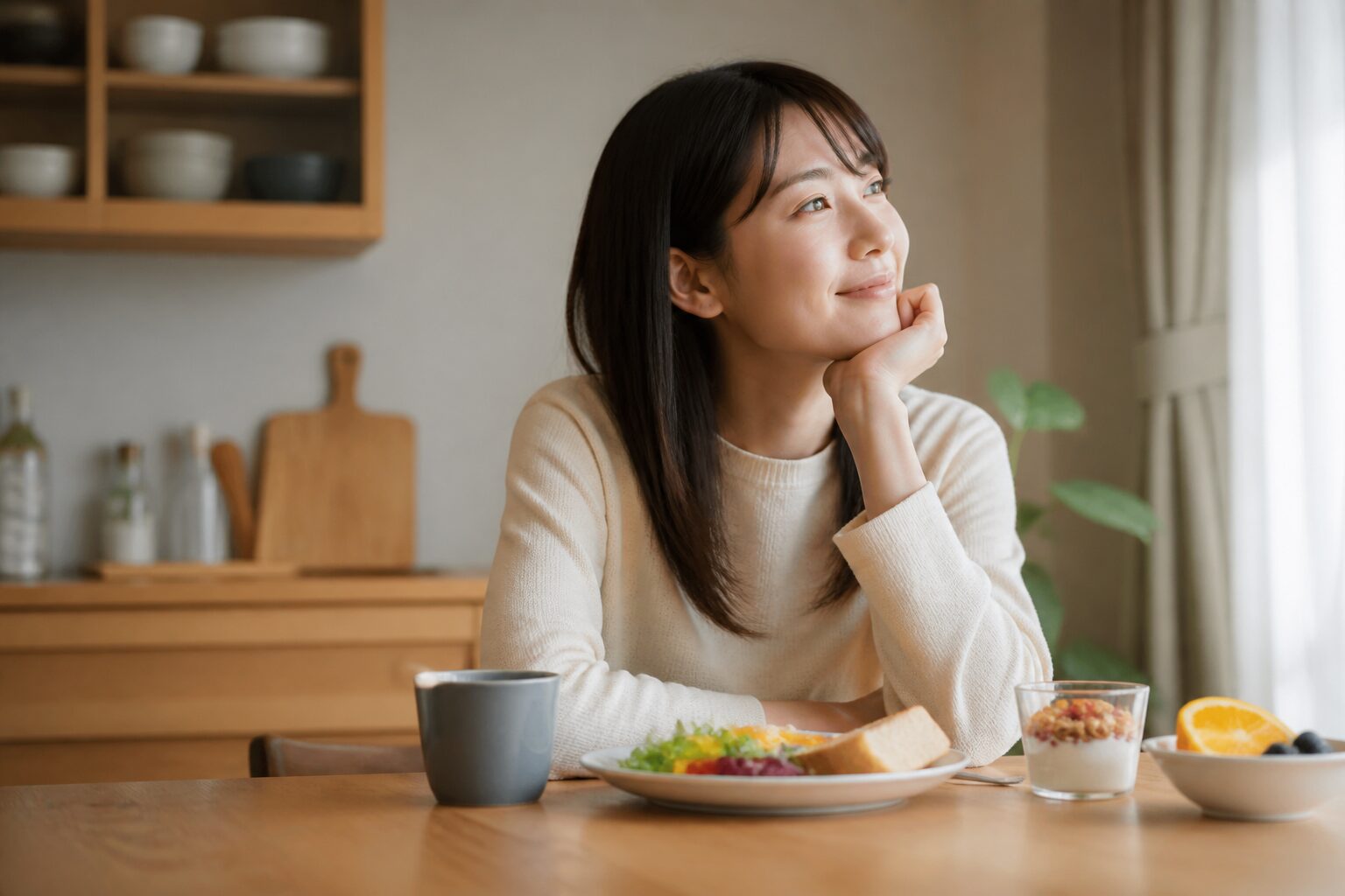 朝の食卓で将来の暮らしを穏やかに思い描く女性