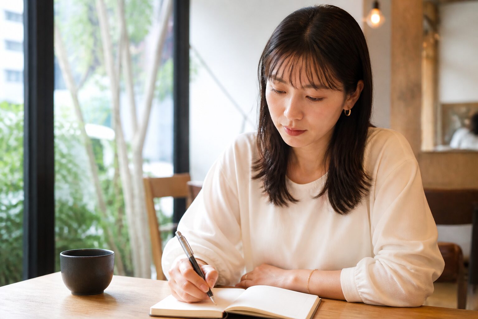 静かなカフェで結婚生活の価値観を整理する女性
