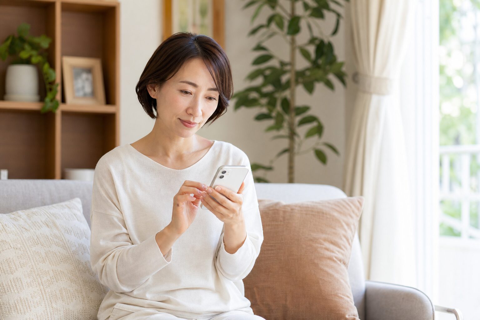 落ち着いて婚活相手への返信文を考える女性