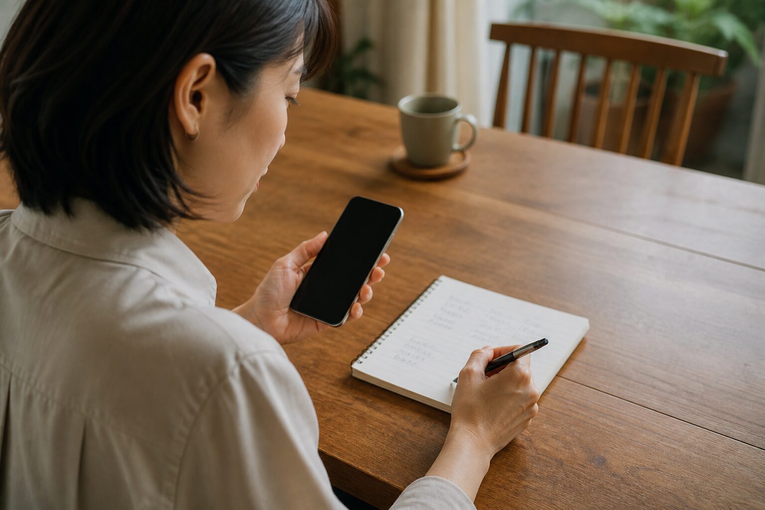 スマートフォンの返信と手帳を見比べる婚活中の女性