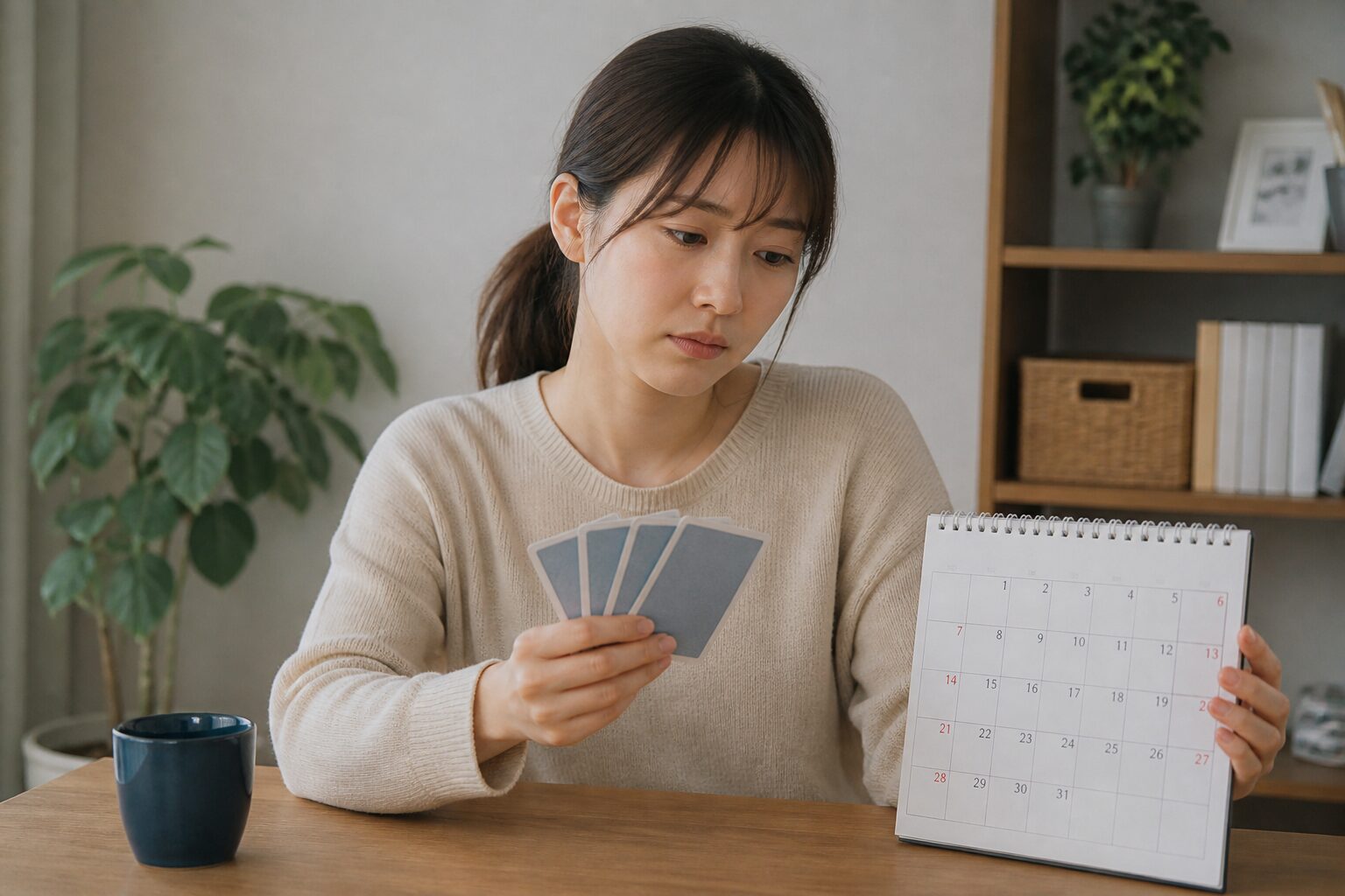 カレンダーと占い結果を落ち着いて見比べる女性