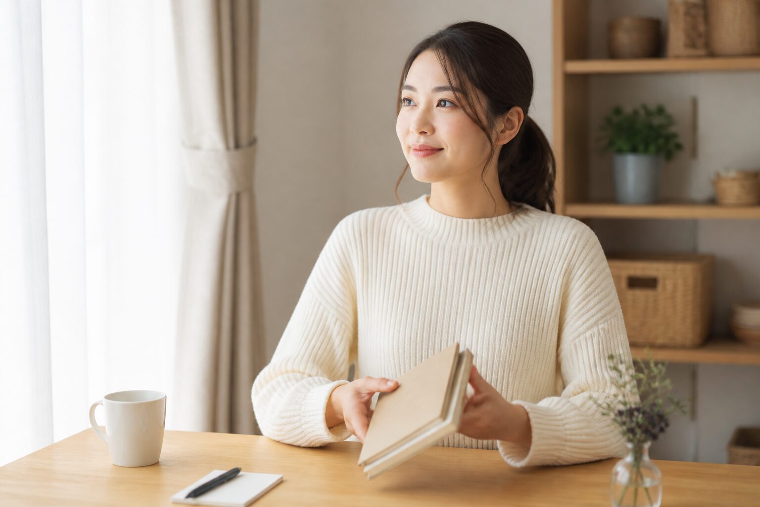 朝の光で相談メモを閉じ自分の一歩を選ぶ女性