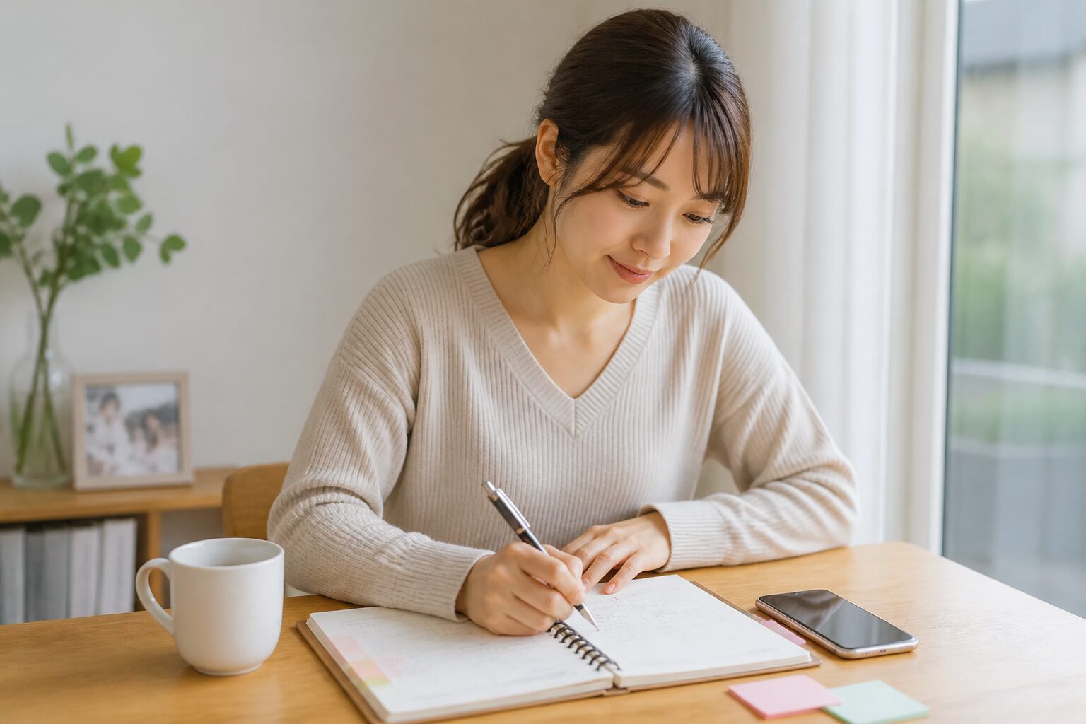 結婚へ向けた次の一歩を手帳へ書く女性