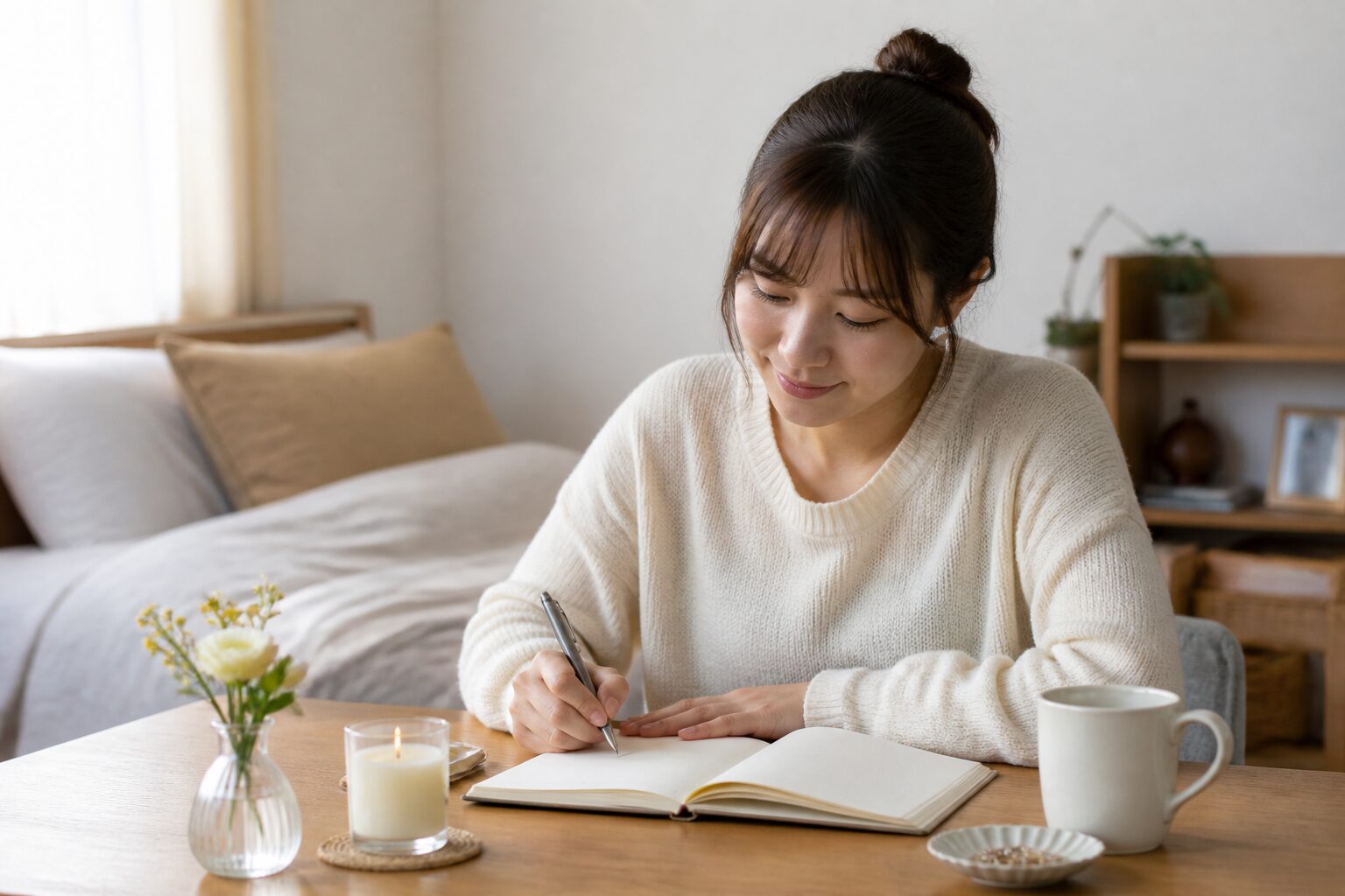 日常の変化と結婚の前兆をノートに記す女性