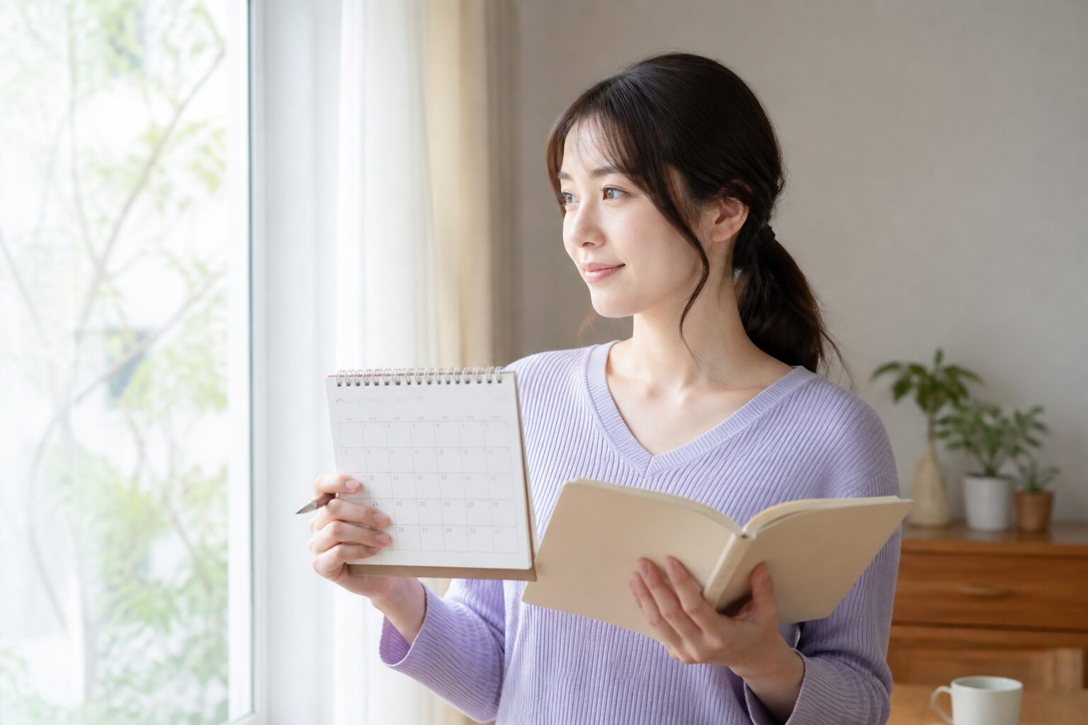 明るい窓辺で未来への希望と現実の計画を並べる女性