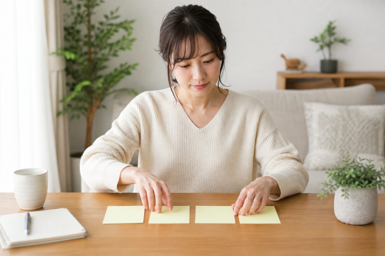 自宅の机で出会いの状況を四つに整理する30代女性