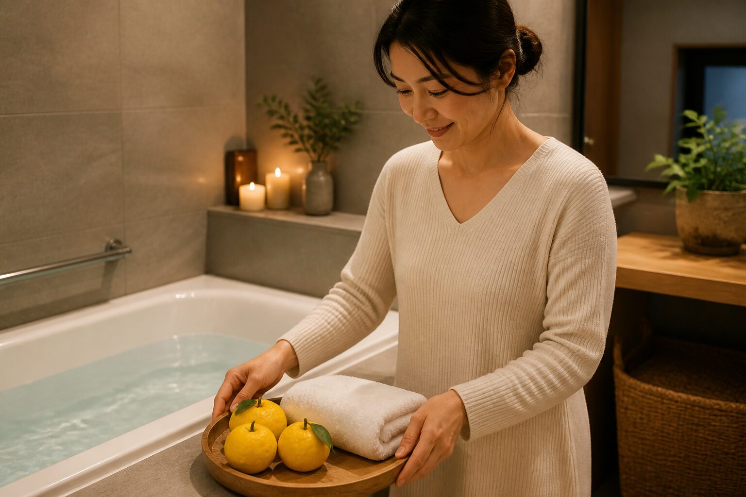 ゆず湯や片づけで冬至の夜を穏やかに過ごす女性