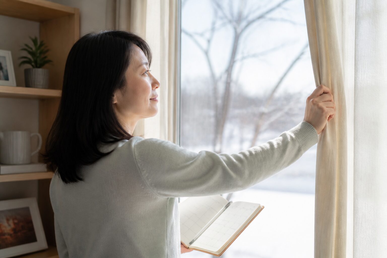 冬至の翌朝に希望を持って新しい一歩を選ぶ女性