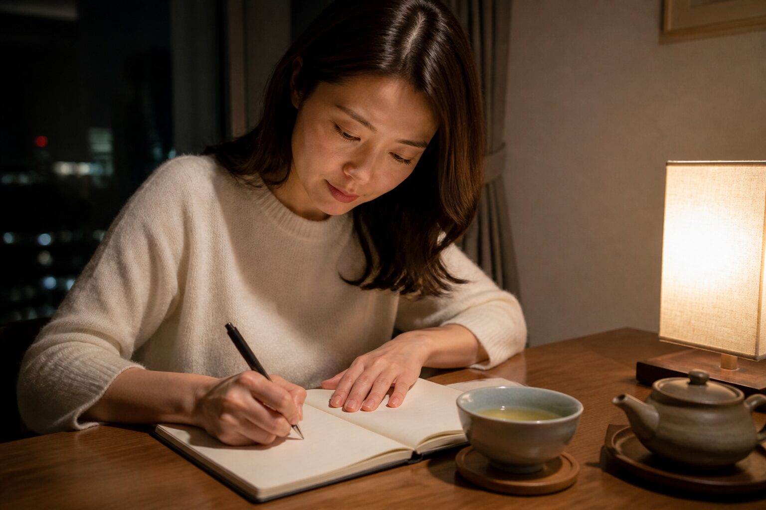 冬至の夜にノートへ恋愛の願い事を書く女性