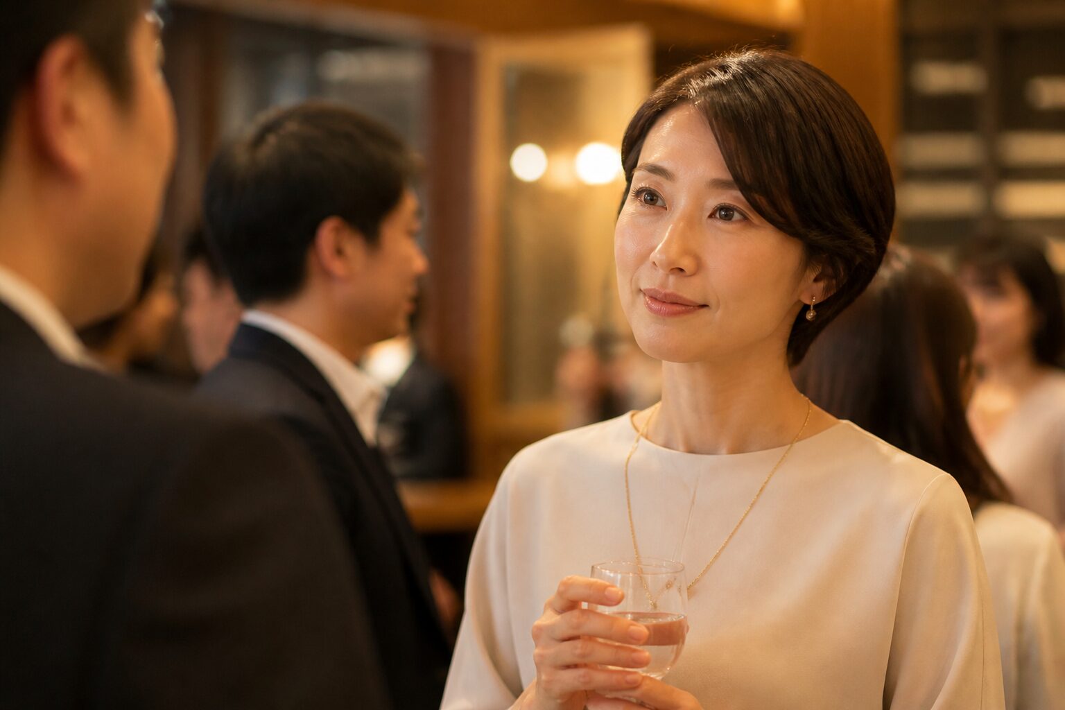 忘年会で水を手に落ち着いて話を聞く女性